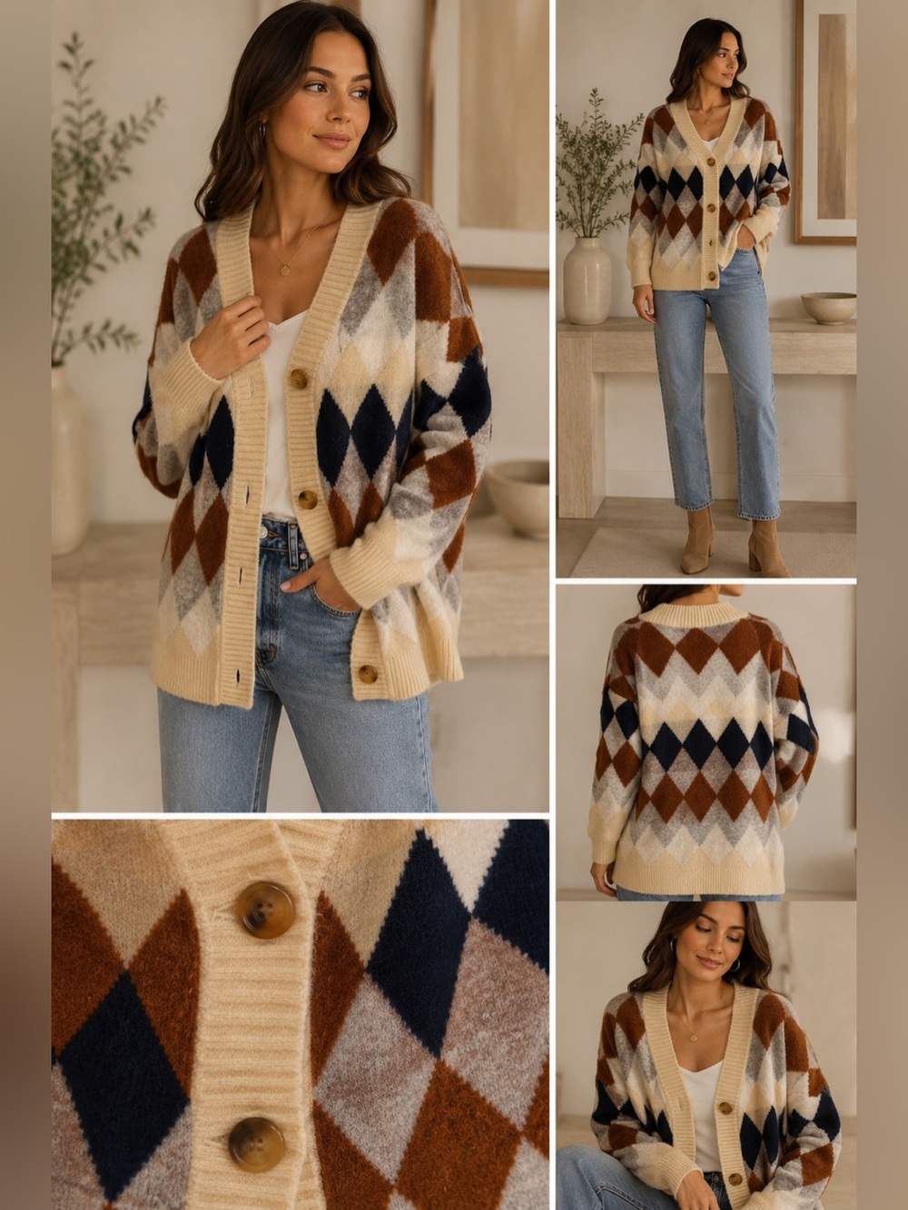Listicle Oversized Medium Argyle Cardigan Fuzzy Cozy Sweater
